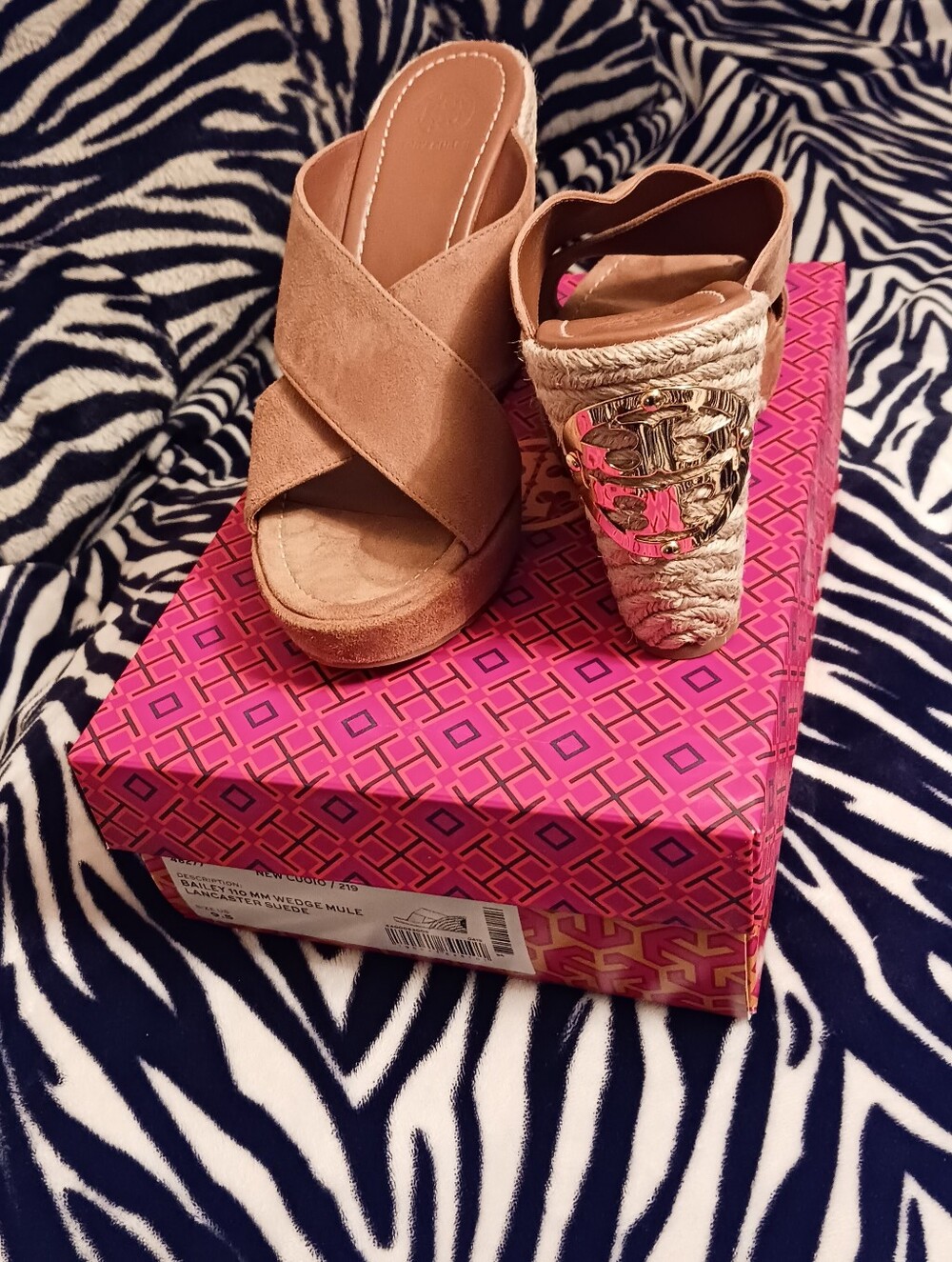 Tory Burch Tan Suede Crisscross Wedge Sandals with Gold Emblem